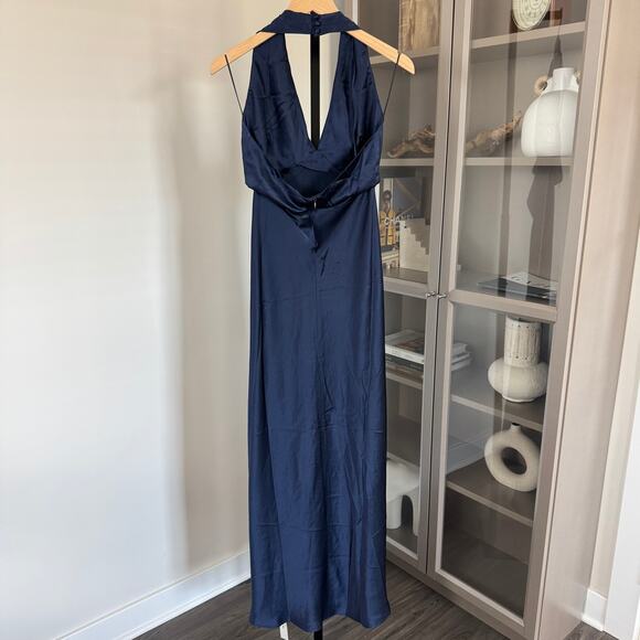 Reformation Daniela Silk Maxi Dress 4 NEW Navy Sleeveless V-Cut Halter Satin NWT - Picture 3 of 7